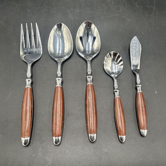 5 Piece Hampton Silversmiths Bistro Brown Serving Spoons Forks Stainless Set - Picture 1 of 3